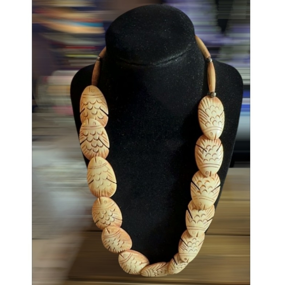 Vintage, Bone Fish Necklace, Beaded, Carved, Silver Tone Clasp